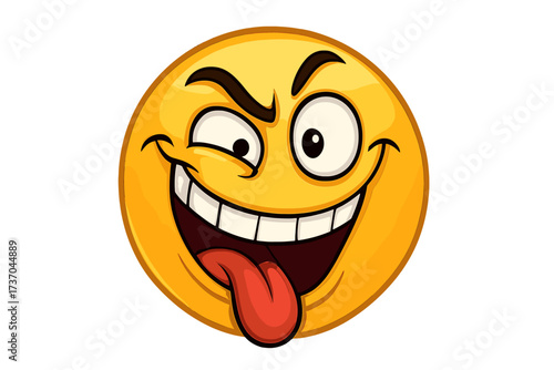 Crazy naughty smile emoticon vector illustration. Silly emoji face with a mischievous expression. Cartoon character winking and sticking its tongue out. Funny, cheeky, playful icon.