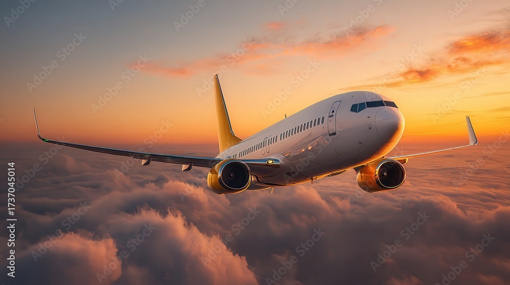 Fototapeta premium Airplane flying through a dramatic sunset over clouds