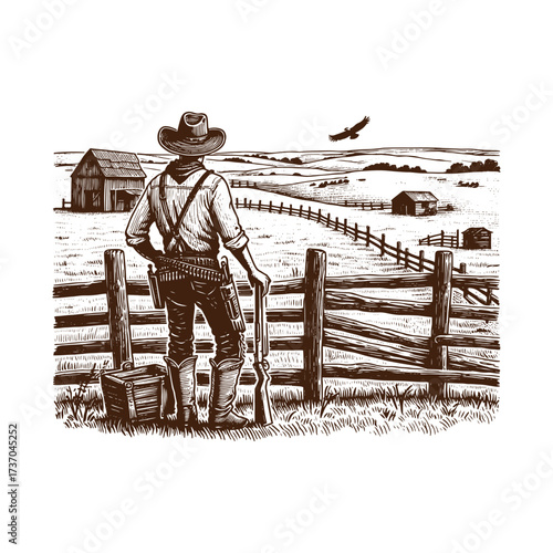Vintage Western Cowboy Overlooking Ranch Landscape