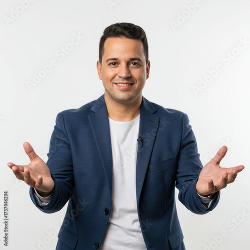 Engaging professional man in blue blazer with open arms and lavalier mic