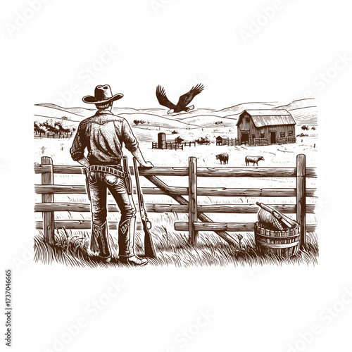 Vintage Western Cowboy Overlooking Ranch Landscape