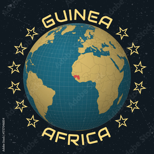 Guinea on Globe. Country name round text. Vintage look with grunge scratched texture. Country view on world map in Sky Blue Light Yellow color palette. Guinea shape on map.