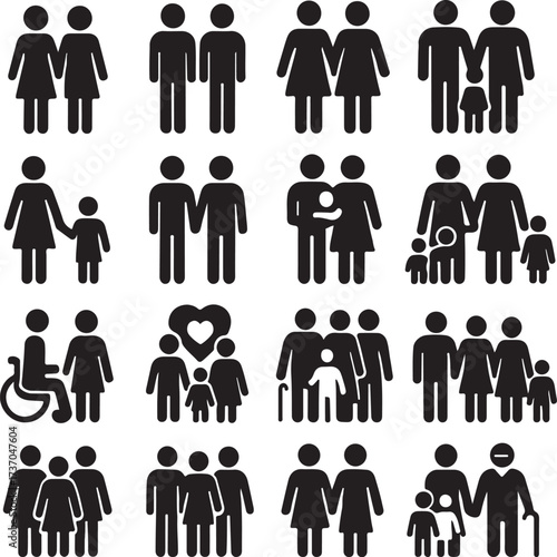 Pictogram Families: Pictograms represent various family structures, symbolizing inclusivity and diversity in relationships.