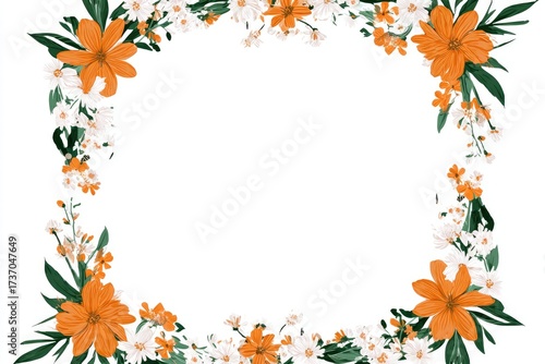 Floral border design featuring orange and white flowers with green leaves, centered white space