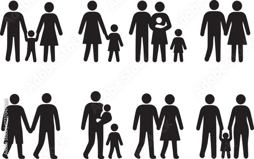 Family Symbols: A collection of simplistic yet universal icons that represent the diverse structures and compositions of modern families. These silhouettes are symbols of unity, love.