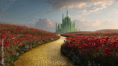 The emerald city of oz approaches down a yellow brick road through poppy fields