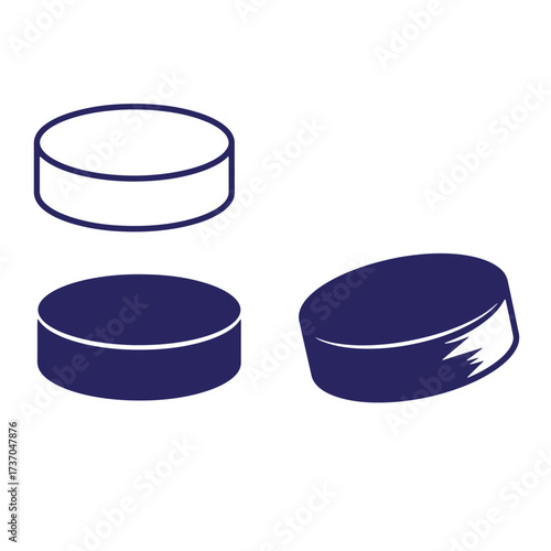 Simple and modern hockey puck vector illustrations in multiple perspectives on white background