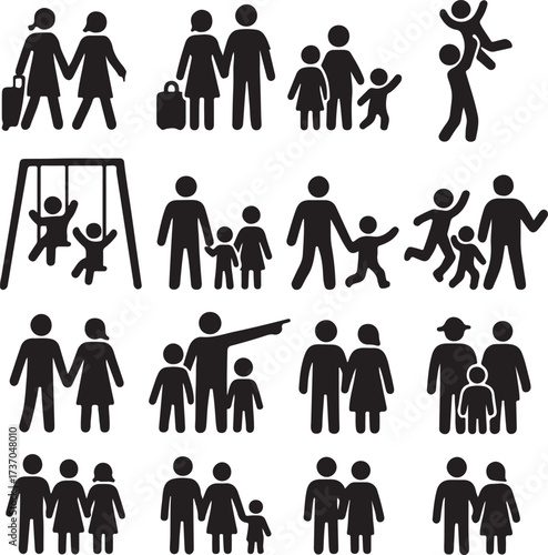 Family Icon Set: Diverse monochrome icons represent various family structures engaged in everyday activities, from parents and children to individual figures, conveying themes of togetherness, love.