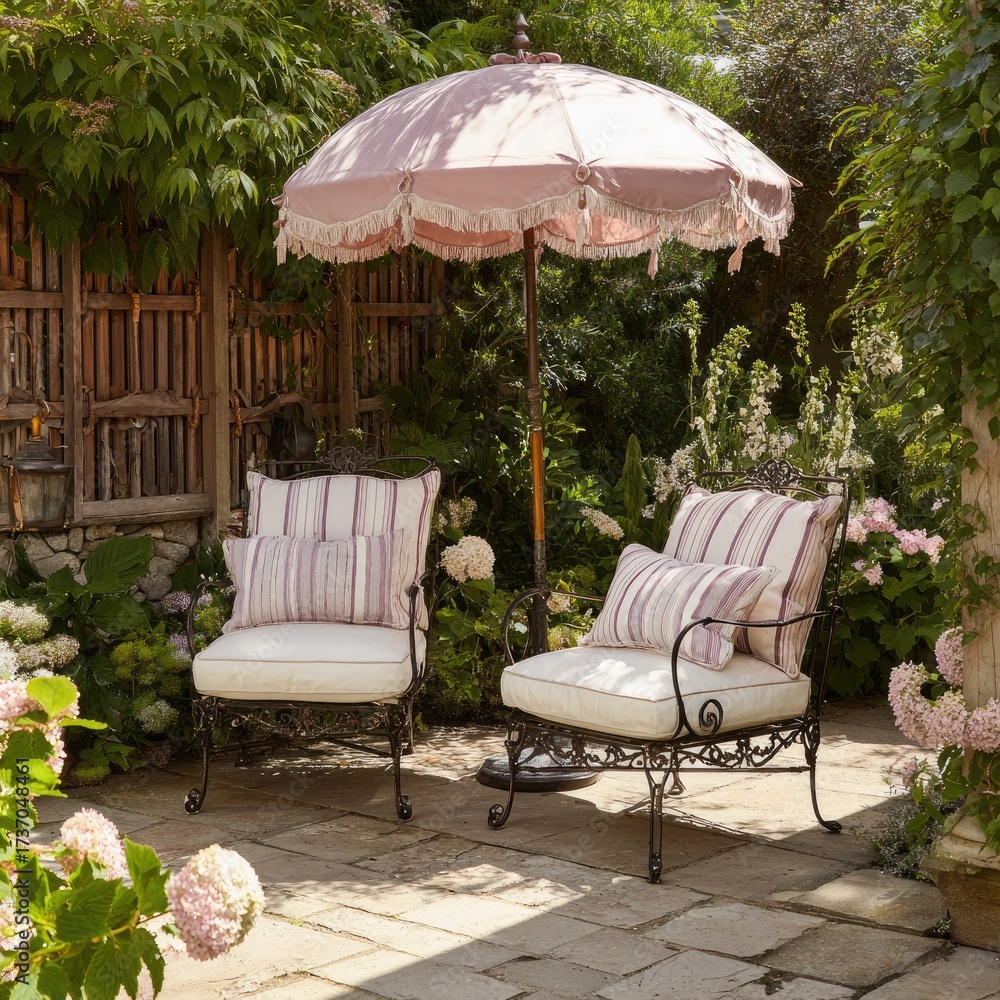 Obraz premium Two wrought-iron garden chairs, pale cream cushions with striped purple/lavender accents, under a pale pink parasol, in a stone patio garden