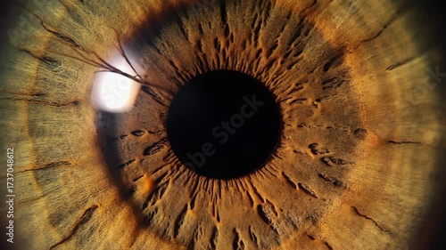 Growing pupil closeup, black pupil in human eye open up or dilate
