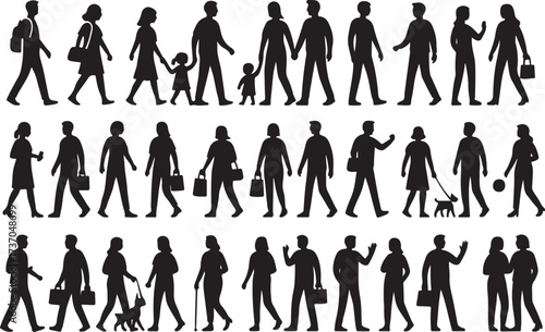 Silhouette Crowd of People: A captivating monochrome display showcases diverse people in an urban environment, the varying postures.
