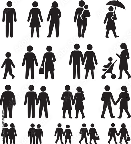People Icon Silhouette: Diverse silhouette icons, representing a spectrum of individuals from families to couples and solo figures. A universal visual language.