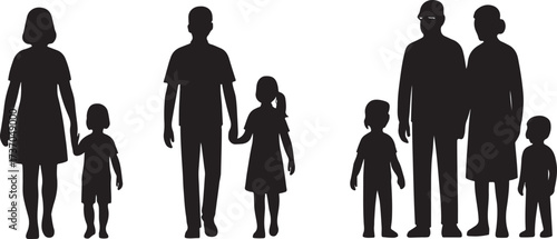 Silhouettes of Family Moments: Silhouettes depict parents and children walking together, capturing the essence of familial bonds, unity, and tender shared experiences.