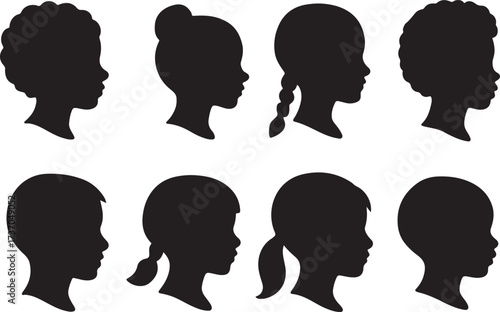 Silhouette Ensemble: A captivating set of child profile silhouettes, each capturing unique hairstyles and expressions, inviting a sense of unity and diversity.