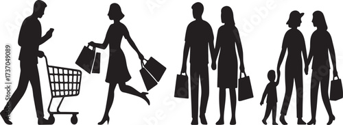 Silhouette Shopping Delight: Capturing the bustling ambiance of shopping, diverse figures engaging in retail therapy, representing a vibrant snapshot of consumer culture.