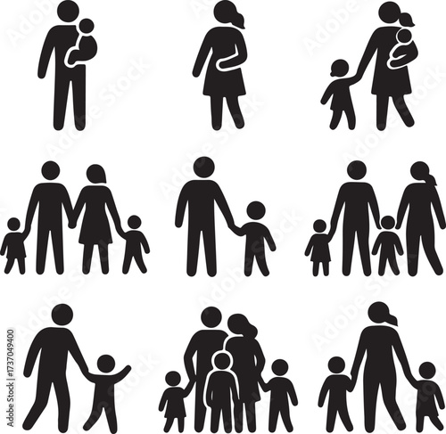 Family Pictograms: A diverse collection of minimalist pictograms representing various family structures and dynamics, symbolizing the essence of togetherness, support, and the journey of life.