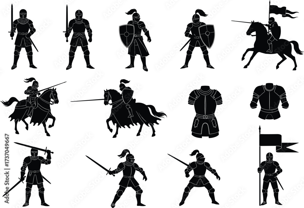 Obraz premium Vector Silhouettes of Knights, Medieval Warriors and Historical Armor Icons
