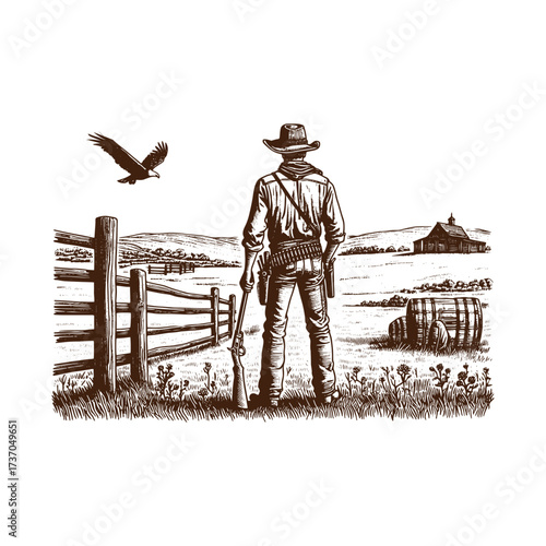 Vintage Western Cowboy Overlooking Ranch Landscape