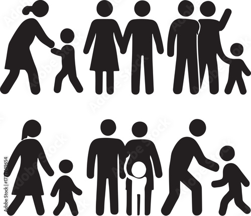 Family Dynamics: A collection of silhouetted figures depicts diverse family units and their relationships, conveying themes of kinship, love, and interconnectedness.
