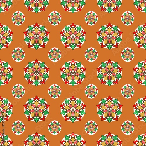 Seamless Thai pattern on a warm orange background. Intricate floral motifs with hints of gold and red create a luxurious look. Perfect for festive or bold design projects.