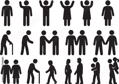 Silhouettes of Human: A series of diverse, minimalistic silhouettes representing various aspects of human life, from individuals to groups, actions to relationships.