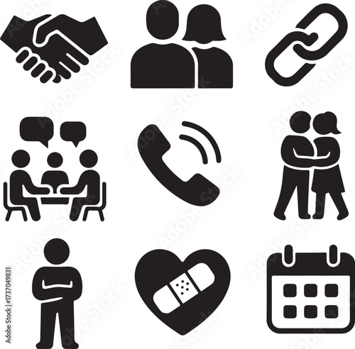 Symbols of Unity and Connection: A collection of simple black icons representing the fundamental pillars of human interaction and relationships.