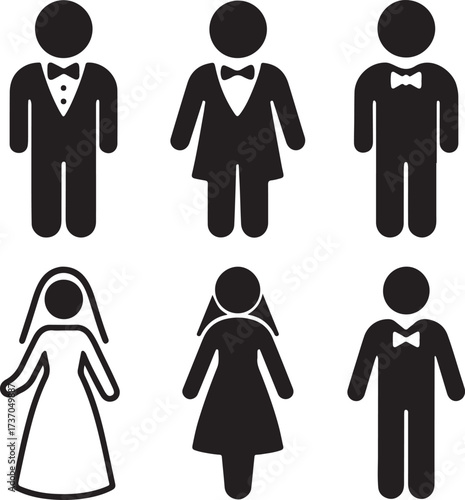Wedding Icons: A collection of iconic illustrations depicting different figures in formal attire, perfect for representing weddings and related themes. 