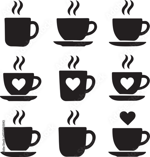 Warm Silhouette of Cups: An artful illustration showcases a collection of steaming cups, with variations that include heartwarming heart designs.