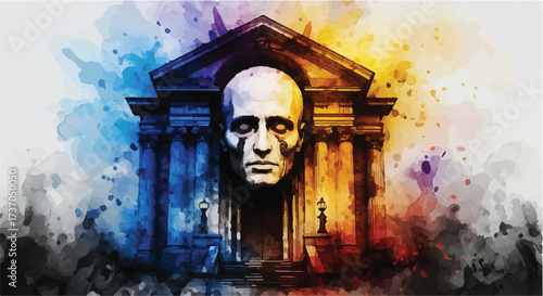 Ancient sculpted face emerges from architectural structure with vibrant watercolor splashes