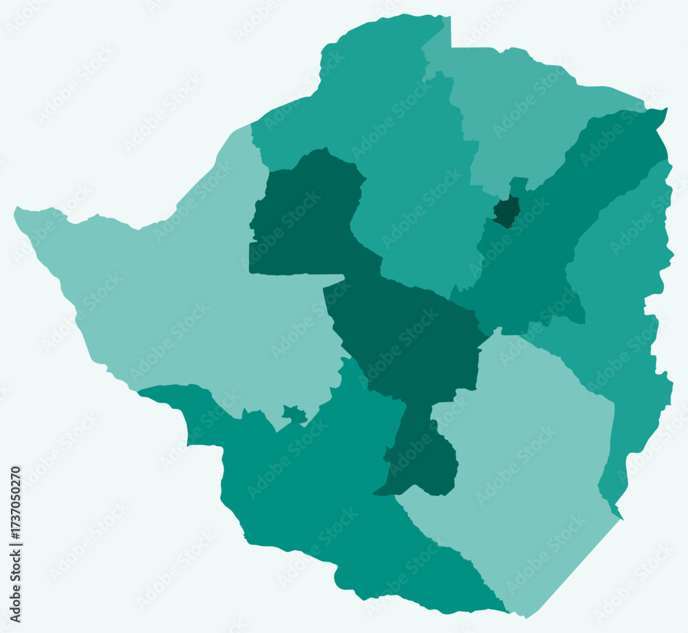 Obraz premium Map of Zimbabwe with regions. Just a simple country border map with region division. Teal color palette. Plain Zimbabwe shape with administrative division. Vector illustration.
