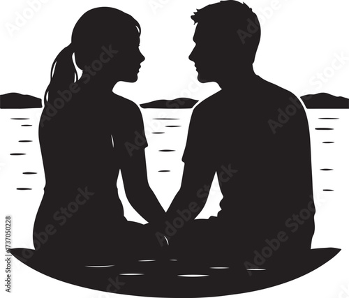 Everlasting bond: Silhouette of a couple sharing an intimate moment, hand in hand. The scene captures an evocative sense of commitment and serene connection as they sit together.