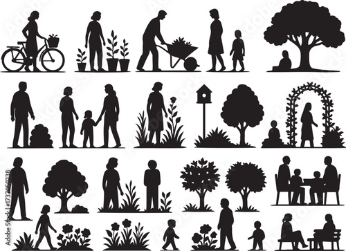 Silhouette Garden Scenes: A collection of striking black silhouette captures various outdoor scenes, featuring families, gardening, and leisurely activities under the warmth of the sun. 
