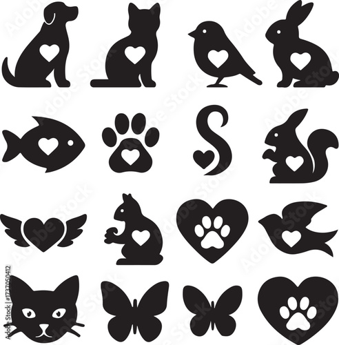 Silhouette Love for Every Creature: A whimsical collection of animal silhouettes, each tenderly embracing a heart, showcasing unconditional love and belonging. 