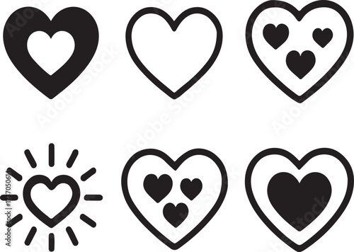 Love Icons: A collection of heart icons in various styles, symbols of affection and love, from simple outlines to intricate designs representing a depth of emotions, Ideal for illustrating love.