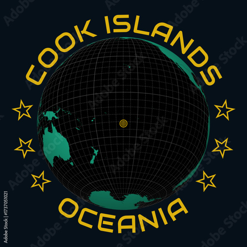 Cook Islands on Globe. Round country and continent name text. Country view on world map in Black Emerald color palette. Cook Islands shape on map. Modern vector illustration.