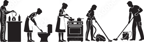 Domestic Duties Silhouette: A black-and-white illustration depicts individuals engaged in various home chores, symbolizing the essence of cleanliness and domestic life.