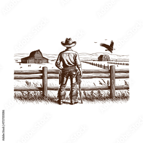 Vintage Western Cowboy Overlooking Ranch Landscape