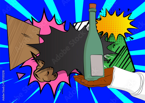 Cartoon, comic book human hands holding glass bottle. Retro vector comics pop art design.