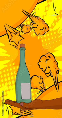 Cartoon, comic book human hands holding glass bottle. Retro vector comics pop art design.