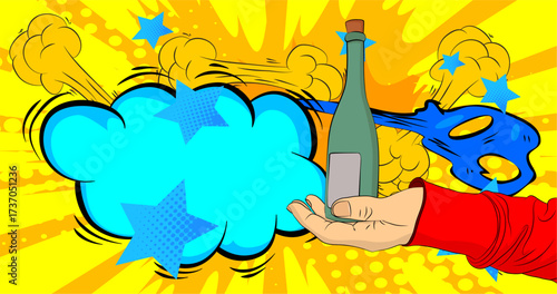 Cartoon, comic book human hands holding glass bottle. Retro vector comics pop art design.