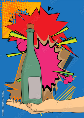 Cartoon, comic book human hands holding glass bottle. Retro vector comics pop art design.