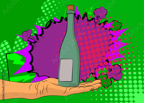 Cartoon, comic book human hands holding glass bottle. Retro vector comics pop art design.
