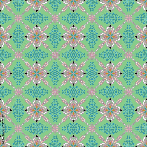Seamless Thai pattern in emerald green and soft pink. Exquisitely beautiful and ornate, perfect for fabric, wallpaper, or designs needing an elegant Oriental touch.