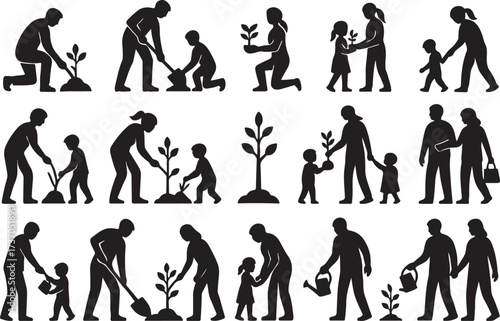  Planting Trees and Nurturing Life: A series of elegant silhouettes showcasing the act of planting trees, emphasizing the themes of growth, family, and environmental stewardship.