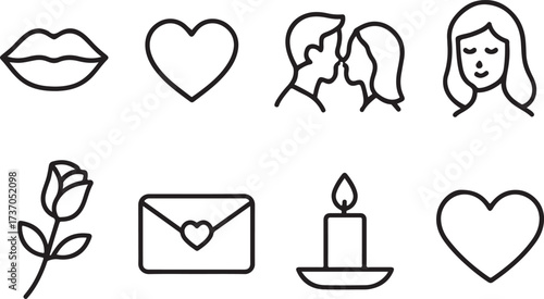Love and Romance Icons: A selection of elegant line icons representing themes of affection, desire, and companionship, perfect for adding a touch of romance to any project.