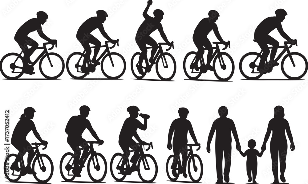 Obraz premium Cycling silhouettes and family: An assortment of silhouettes depicting the graceful movement of cyclists, intertwined with the heartwarming imagery of a family.