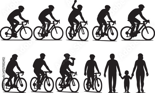 Cycling silhouettes and family: An assortment of silhouettes depicting the graceful movement of cyclists, intertwined with the heartwarming imagery of a family.