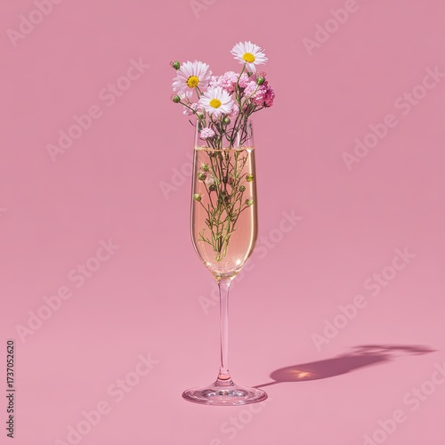 A champagne flute filled with light pink liquid and wildflowers set against a pastel pink backdrop