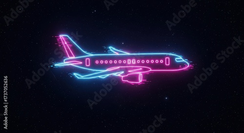 Futuristic airplane outline made of neon lights in pink and blue, set against a starry night sky
