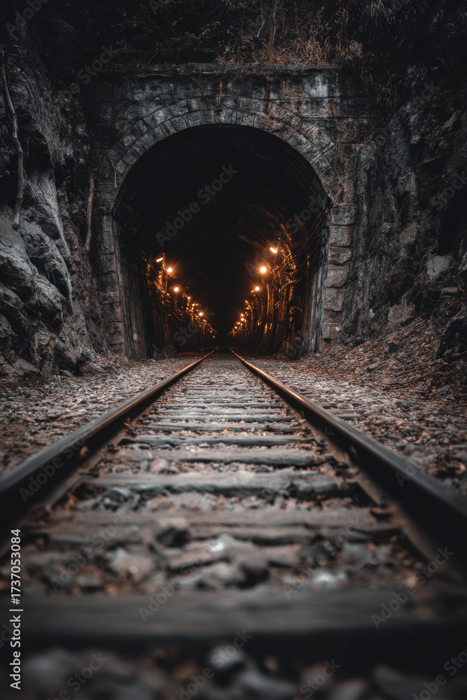 Naklejka premium Train track leads through illuminated tunnel, creating mysterious and captivating atmosphere. warm lights contrast with dark surroundings